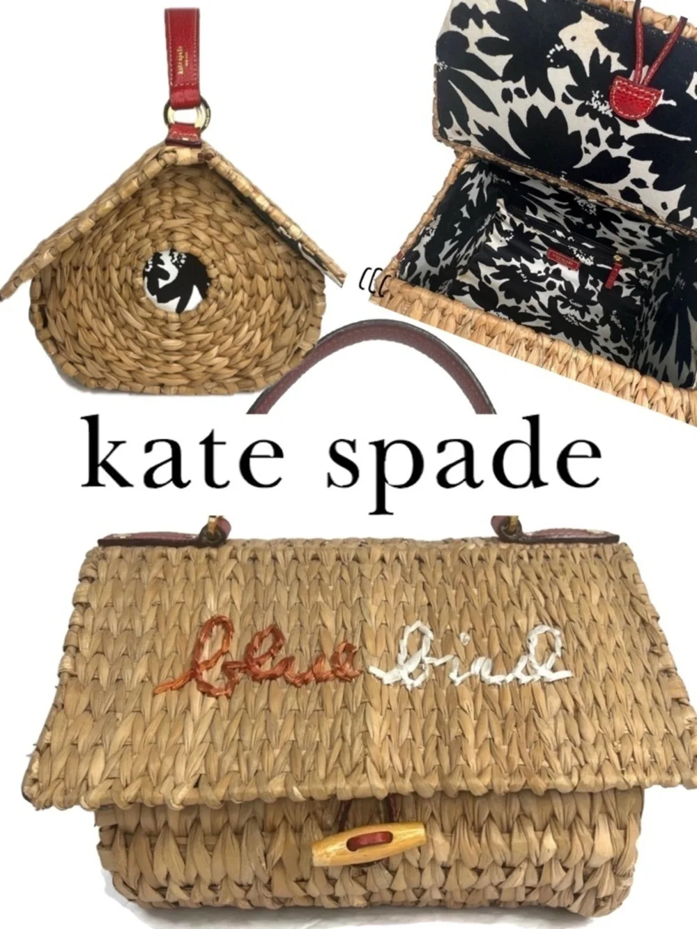 Kate Spade Wicker BlueBird Blue Bird House Novelty Bag Spring Red Straw Vintage
